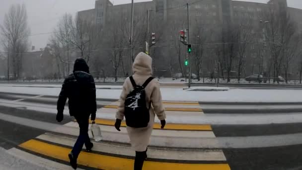 Περαστικοί Διασχίζουν Δρόμο Πεζόδρομο Που Διασχίζει Ρωσία Χιονόπτωση — Αρχείο Βίντεο