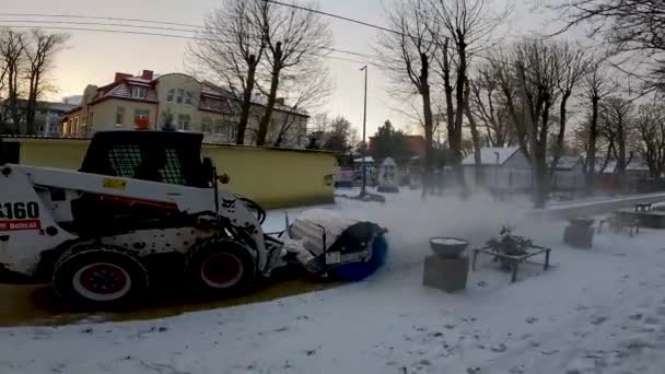 Snowblower Cleans Pedestrian Sidewalks City Clearing Snow Snowfall — Stock videók