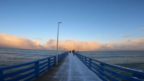 冷凍の海の桟橋に乗って 観光客が歩いている 漁師が釣りをしている — ストック動画