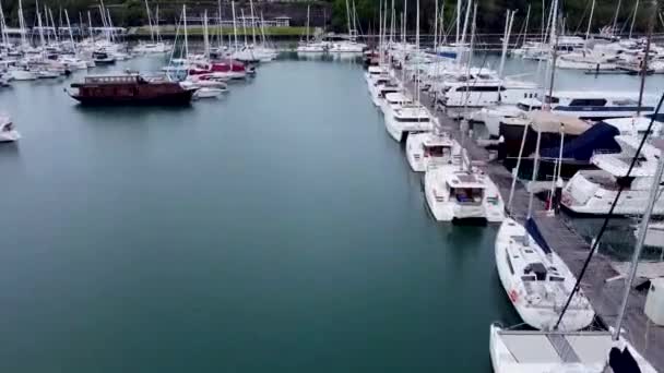 Motor Yachts Sailing Catamarans Boats Stand Dock Marina View — Stock Video