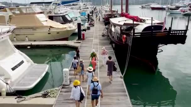 Phuket Thailand September 2020 Group Tourists Walks Pier Yacht Marina — Stock Video