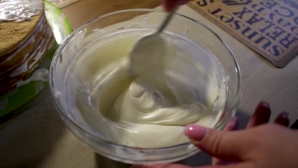 Preparing Cream Honey Cake Stirring Cream Honey Cake — Stock Video