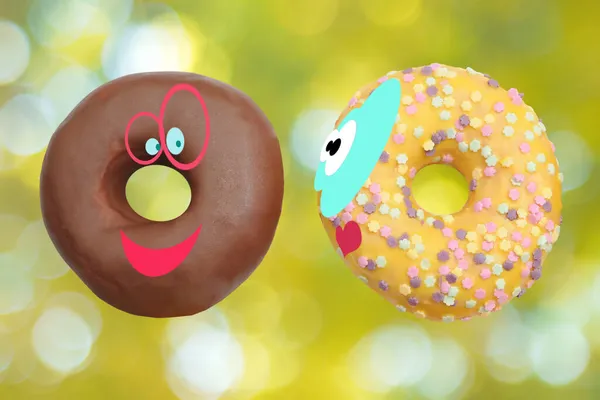 Foto Illustratie Van Donuts Als Verliefd Paar Een Gele Abstracte — Stockfoto