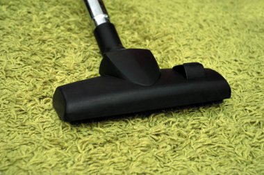 Tüylü, tozlu yeşil bir halıyı süpürüyor.