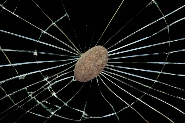 Thrown Stone Hits Shatters Window Glass House — Foto de Stock