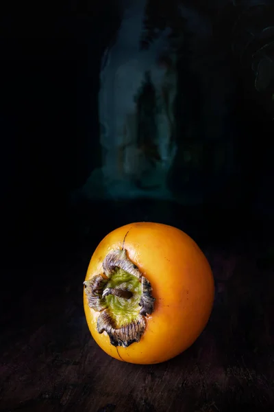 Kaki Piece Fruit Dark Background Copy Space — Foto Stock