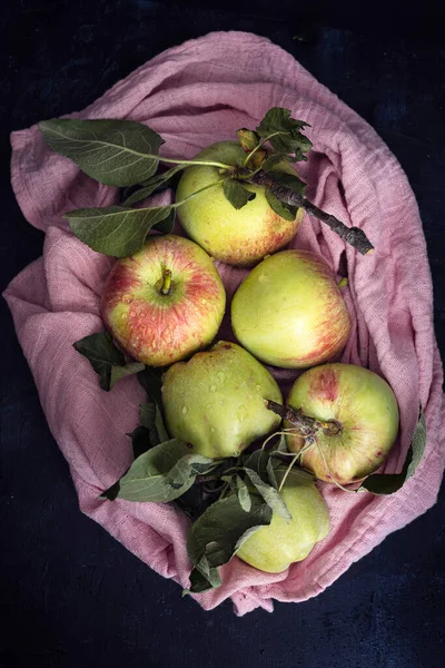Organic Apples Freshly Picked Tree Apples Dark Background Healthy Dessert — Fotografia de Stock