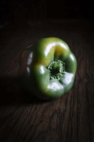 Green Bell Pepper Wooden Table Dark Background — стоковое фото