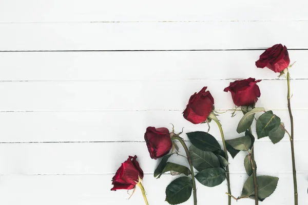 Κόκκινα Τριαντάφυλλα Λευκό Φόντο Ξύλινη — Φωτογραφία Αρχείου