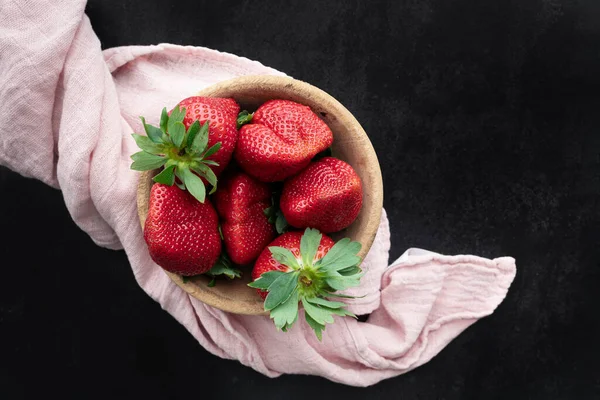 Bowl Delicious Red Juicy Strawberries Top View Box Ripe Strawberries — Stock Photo, Image