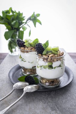 Kivili parfe, böğürtlen, granola ve yoğurt. Sağlıklı ve lezzetli bir tatlı.