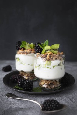 Kivili parfe, böğürtlen, granola ve yoğurt. Sağlıklı ve lezzetli bir tatlı.