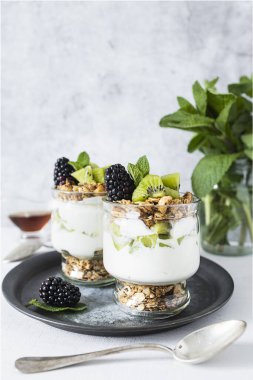 Kivili parfe, böğürtlen, granola ve yoğurt. Sağlıklı ve lezzetli bir tatlı.