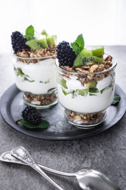Kivili parfe, böğürtlen, granola ve yoğurt. Sağlıklı ve lezzetli bir tatlı.