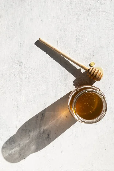 Glass Jar Raw Honey Bees Honey Drops Honey Spoon — Stock Photo, Image