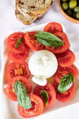 Burrata peynirli kırmızı domates salatası ve taze fesleğen yaprağı. İtalyan usulü salata. Akdeniz sağlıklı gıdaları.