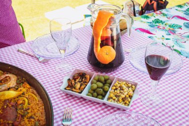 Glass jar with sangria, perfect drink for summer. Sangria with appetizers