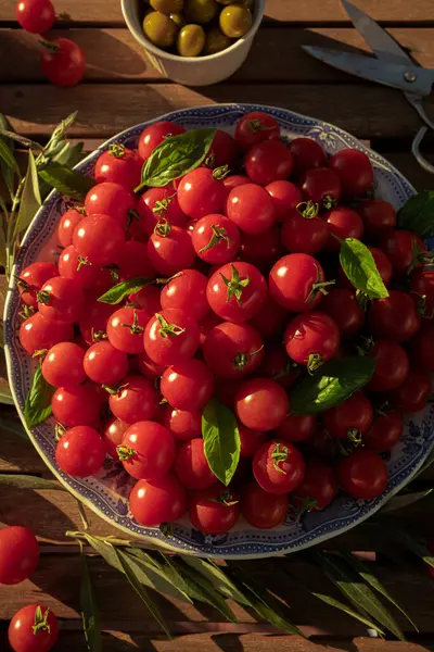Plate Full Ripe Cherry Tomatoes Wooden Table Sunlight — Stockfoto