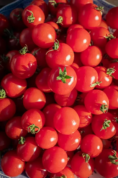 Plate Full Ripe Cherry Tomatoes Wooden Table Sunlight — Stockfoto