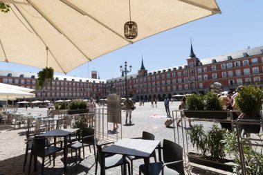 Corners of the Plaza Mayor of Madrid in Spain. Tourist place in the center of Madrid