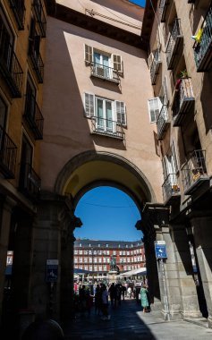 Arches of the Plaza Mayor in Madrid in Spain. Tourist place in the center of Madrid