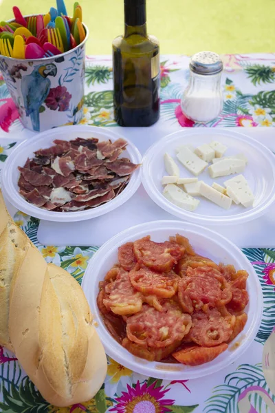 Table Typical Starters Mediterranean Diet Cheese Iberian Ham Tomato Olive — Stockfoto