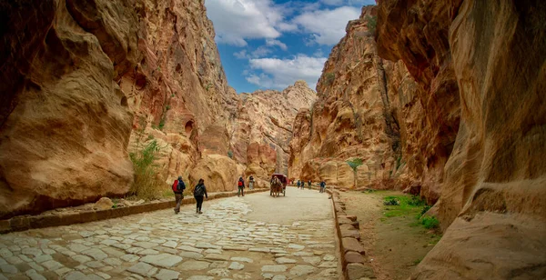Turisti Che Visitano Petra Giordania Camminano Sono Aiutati Dai Carri — Foto Stock
