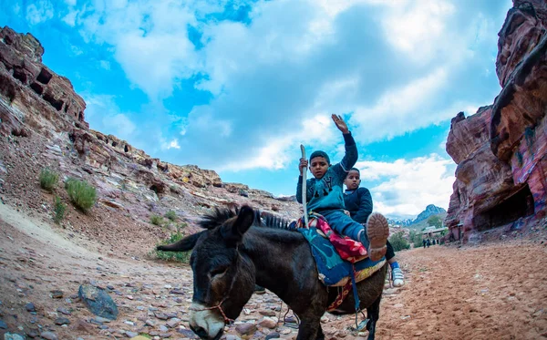 Bedouin Children Donkey Auditioning Clients Visit Petra Jordan February 2019 — Stock Fotó