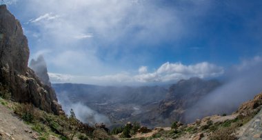 Tamadaba 'nın yeşil tepeli doğal parkının manzarası, alçak bulutlu orman dağları Gran Kanaryası, Kanarya Adaları, İspanya