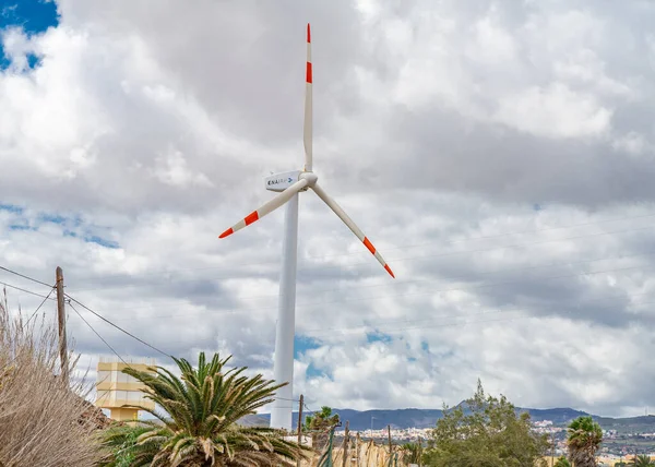 February 23 2022-Wind propeller among palm trees and strong wind in Ojos de Garza Canary Island to make green energy
