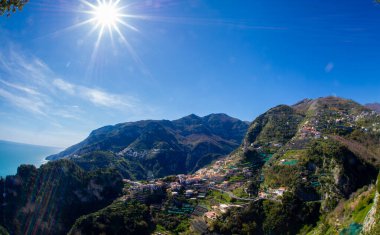 Aerial view of Ravello with comfortable beach and blue sea on Amalfi Coast in Campania, Italy. Amalfi coast is popular travel and holiday destination in Europe.Beautiful sun rise.