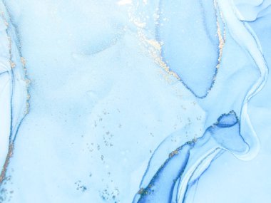 Folyo Alkol Mürekkebi Mermeri. Bakır Alkol Mürekkep Arkaplanı. Lüks Su Rengi Tuvali. Altın Derece Arkaplan. Mavi Mermer Suluboya. Altın Sanat Boyası. Akıcı Zarif Parıltı. Modern Soyut Resim.