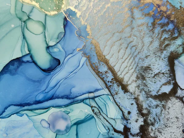Μάρμαρο Χρώματος Νερού Φύλλων Πράσινη Ελαιογραφία Μπλε Μάρμαρο Φόντο Μεταλλική — Φωτογραφία Αρχείου
