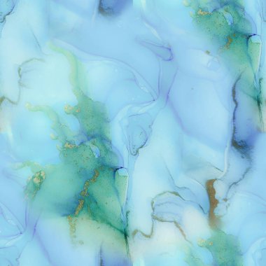 Altın Alkol Mürekkebi Mermeri. Bronz Su Rengi Arkaplanı. Yeşil mürekkep boyası. Beyaz Su Renk Tablosu. Lüks Soyut Şablon. Kusursuz tekrar et. Folil Mermer Arkaplan. Mavi Doğu Suluboya.