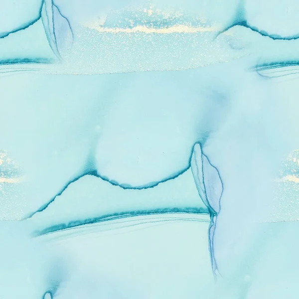 水の色大理石を箔 流体シームレスなテクスチャ 光沢のあるアルコールインク水彩 金の大理石の水彩 ホワイトアルコールインクマーブル 近代抽象絵画 東洋的背景を持つ 青水墨画 — ストック写真
