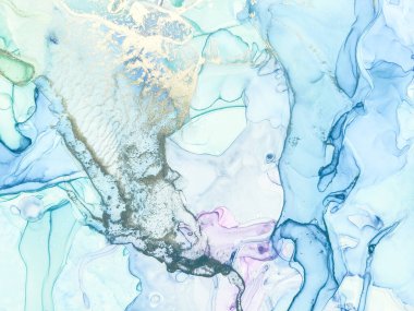 Mavi Alkol Mürekkebi Mermeri. Altın Soyut Arkaplan. Beyaz Su Renk Tablosu. Parlak Alkol Mürekkep Suluboya. Pembe Mermer Suluboya. Folyo yağlı boya. Akıcı Zarif Parıltı. Lüks Soyut Şablon.