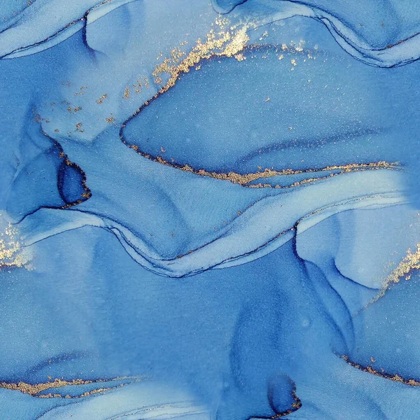 Blauwe Alcohol Inkt Marmer Goud Marmeren Achtergrond Luxe Abstracte Template — Stockfoto