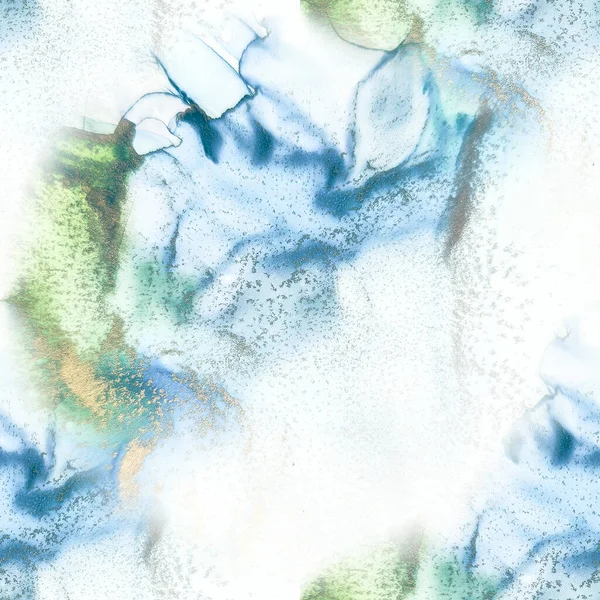ゴールドアルコールインク大理石 流体シームレスグリッター フォイルアートペイント 光沢のある水の色水彩 近代抽象絵画 ゴールデンウォーターカラーキャンバス 青い大理石の背景 緑のグラデーションの水彩 — ストック写真