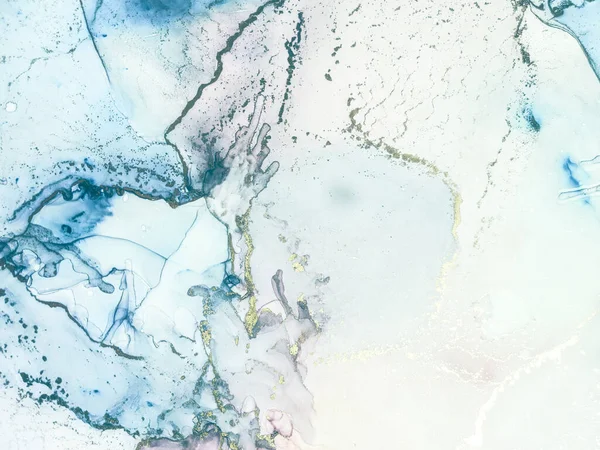 青い水の色大理石 ゴールドグラデーションの水彩 油絵具 金属アルコールインク水彩 ホワイトアルコールインクキャンバス ピンク マーブルの背景 流体の優雅なテクスチャ 近代抽象絵画 — ストック写真