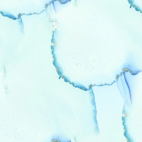 水の色大理石を箔 流体のエレガントなパターン 青いシームレスな水彩画 ブロンズ水の色水彩 現代のシームレスな絵画 青い大理石の背景 高級アルコールインクキャンバス 金彩画 — ストック写真