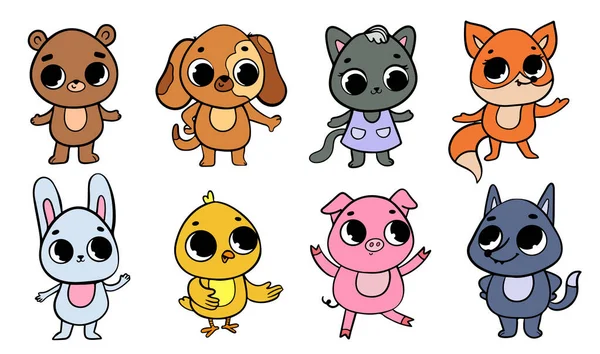 Set of cute cartoon animals. Kawaii pets, wild and farm animals — Vettoriale Stock