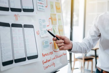 Teamwork graphic designers creative drawing website ux-ui app development and application for mobile office.
