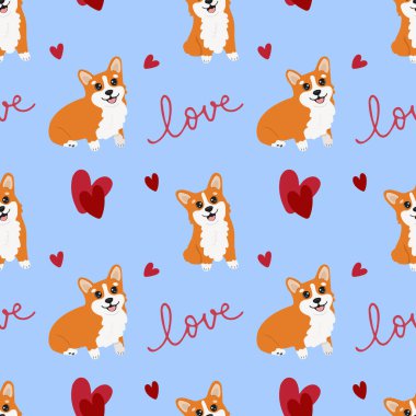Korgis ve kalplerle kusursuz desen. Ambalaj kağıtları, tebrik kartları ve mevsimlik tasarımlar için arka plan. Sevgililer günün kutlu olsun..