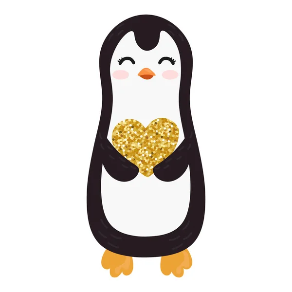 Vector Illustration Penguin Holding Heart Realistic Gold Glitter Dust Happy — Vetor de Stock
