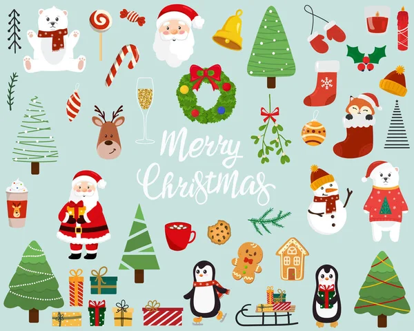 Σύνολο Χριστουγεννιάτικων Στοιχείων Εικονογράφηση Διάνυσμα Χριστούγεννα Έννοια Μπλε Φόντο Ιδανική — Διανυσματικό Αρχείο