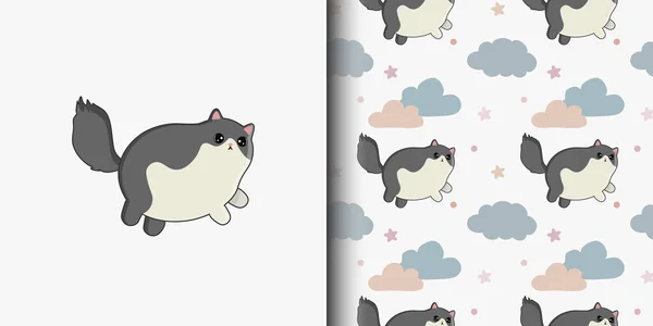 Patrón Sin Costuras Tarjeta Dibujos Animados Con Gatos Lindos Nubes — Vector de stock