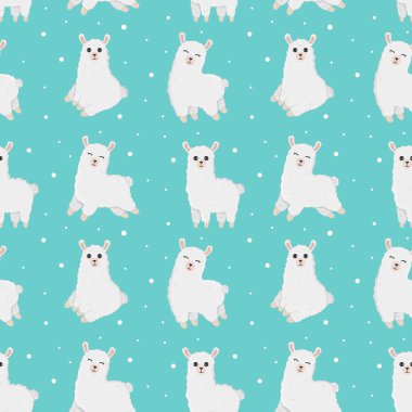 Vektör içinde yapılmış lamalarla kusursuz desen. Duvar kâğıdı, tebrik kartları, çocuk odası dekorasyonu vs. için iyi. Çizgi film alpakası