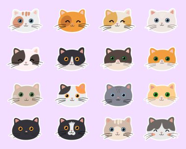 Şirin kedi suratlı kawaii çıkartmaları. Tasarım konsepti çocuklar basar. Ayrı nesneler