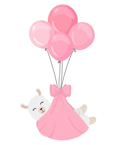 气球上有可爱的羊驼很好的托儿所设计 生日贺卡 小宝宝洗澡 这是一个女孩 平面矢量卡通画 — 图库矢量图片