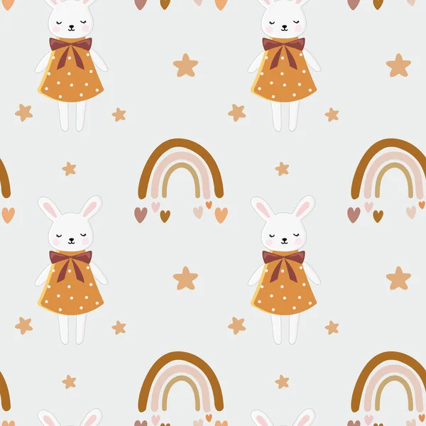 Seamless Vector Pattern Bunny Rainbow Trendy Baby Texture Fabric Wallpaper — Stock Vector